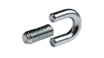 Eye Bolt and Screw: A close-up studio shot of a shiny metal eye bolt resting near a ribbed screw, isolated.