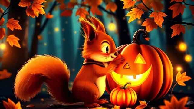 Halloween squirrels and pumpkins
