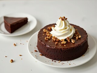 A decadent richly mochacolored chocolate cake sits on