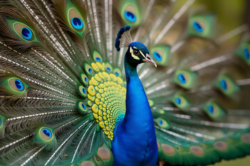 Fototapeta premium Peacock with Vibrant Blue Body and Multicolored Tail Feathers Fanned Out