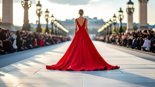 A model in a flowing red gown on a fashion runway, with spectators in the background