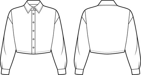 Cropped button-down shirt fashion flat sketch, long sleeve blouse front and back view, technical drawing, vector template for apparel. flat vector illustration