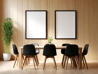 Two vertical frames mockup in a modern dining room with a wooden table and black chairs.