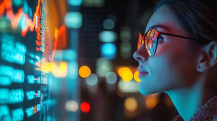 A thoughtful woman analyzes vibrant data displays. The glowing lights create a futuristic atmosphere. She embodies curiosity and innovation in technology. Generative AI