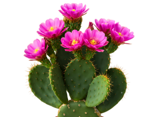 Prickly pear cactus with vibrant pink flowers isolated on transparent background
