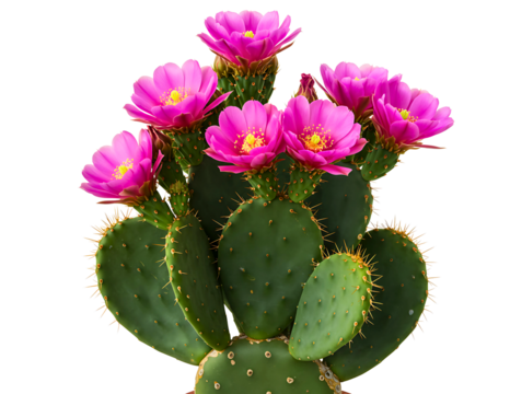Prickly pear cactus with vibrant pink flowers isolated on transparent background