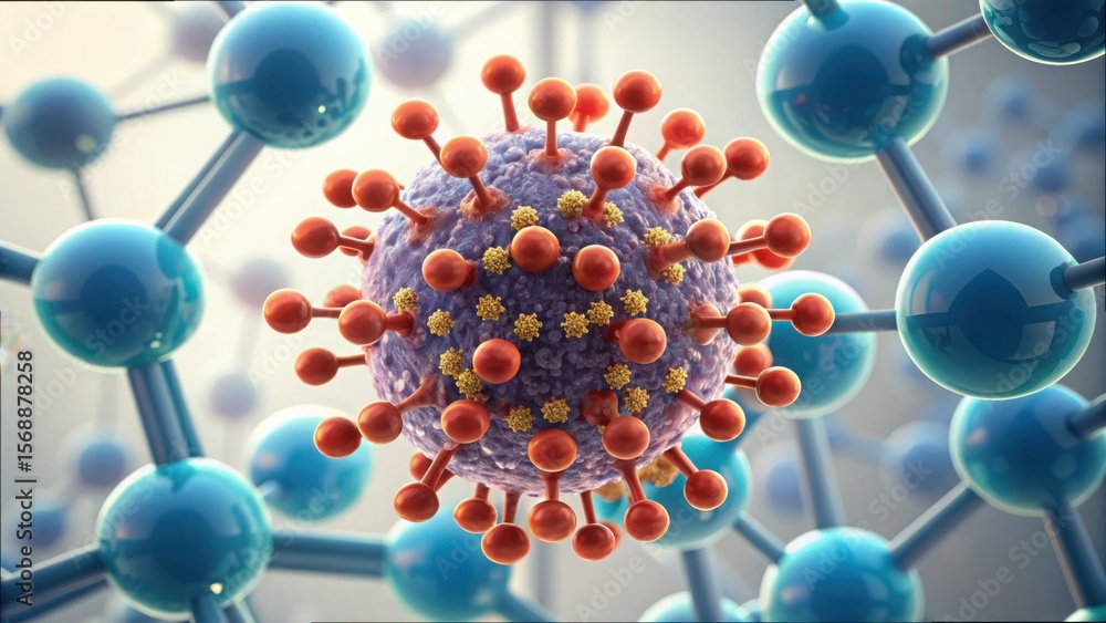 Poster detailed macro image of molecules interacting with a virus structure