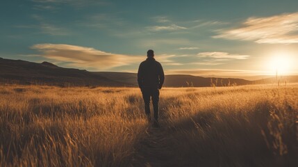 A solitary figure walks through a golden field at sunset. The warm glow creates a sense of contemplation and tranquility. This scene evokes deep emotions and reflection. Generative AI
