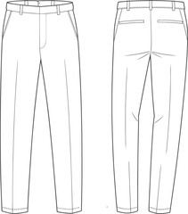 Formal Men’s Trousers Flat Sketch, Front and Back View, Technical Drawing for Fashion Design, Apparel Illustration, Vector Template flat vector illustration