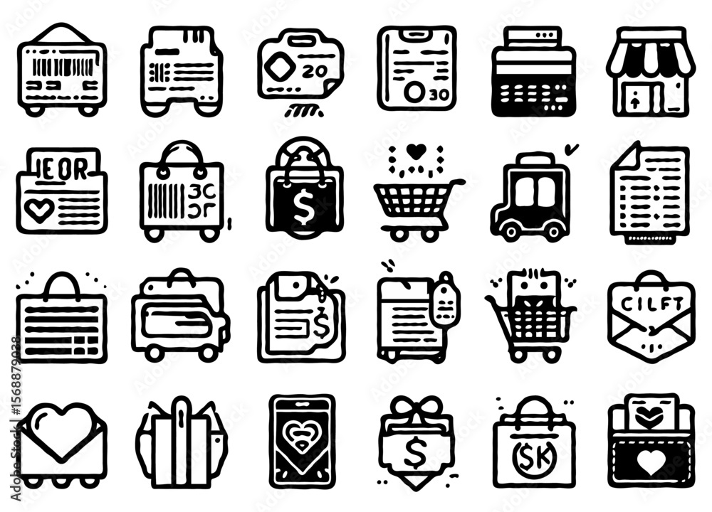 Poster minimalist e-commerce and shopping line icons, drawn in clean thin black outlines with consistent st