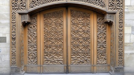 Intricate Wooden Door with Floral and Geometric Carvings in Raw Style