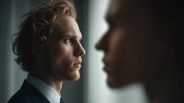 Young man in suit looking intently at reflection of another person's face