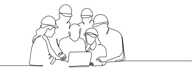 Continuous line, group of engineers are having a planning meeting Hand drawn art lines vector on transparent background, editable strokes.