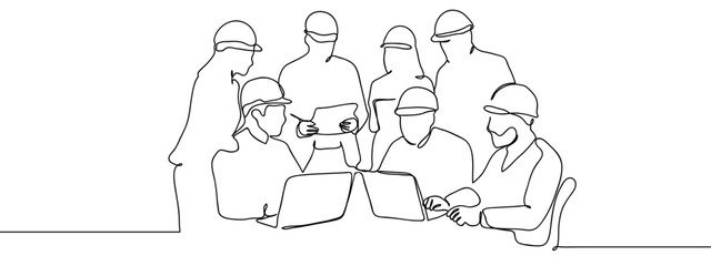 Continuous line, group of engineers are having a planning meeting Hand drawn art lines vector on transparent background, editable strokes.