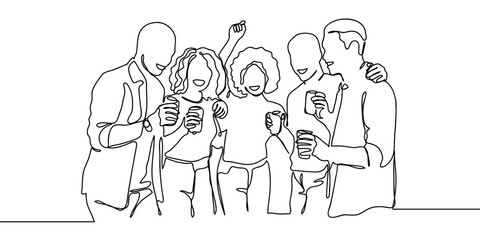 Continuous line. Group of people celebrating at a party. Holding glasses of drinks. Hand drawn art lines vector on transparent background, editable strokes.
