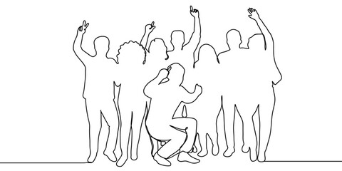 Continuous line, group of people hugging and raising hands in joy, happiness Hand drawn art lines vector on transparent background, editable strokes.