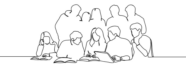 Continuous line, group of students sitting and reading books, students in the classroom Hand drawn art lines vector on transparent background, editable strokes.