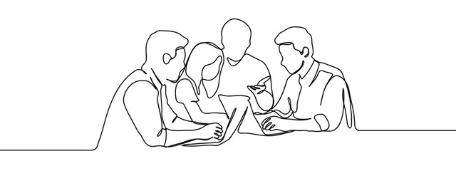 Continuous line group of people having business meeting at conference table using laptops Hand drawn art lines vector on transparent background, editable strokes. © Proongnee
