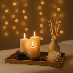 Velas encendidas, piedras calientes, flor de loto y difusor en bandeja de madera, ambiente relajante y cálido ideal para spa, meditación y aromaterapia