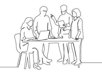 Continuous line group of people having business meeting at conference table using laptops Hand drawn art lines vector on transparent background, editable strokes.