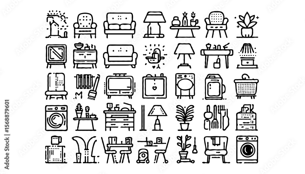 Poster minimalist line icons for home and household objects