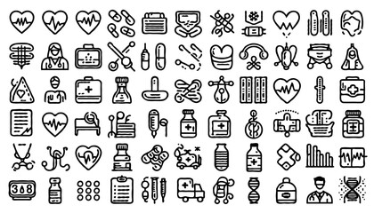 minimalist medical and healthcare line icons, drawn in clean thin black strokes