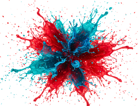 Explosion of red and teal paint splashes forming a flower shape isolated on transparent background