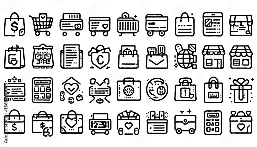 Poster minimalist e-commerce and shopping line icons, drawn in clean thin black outlines with consistent st