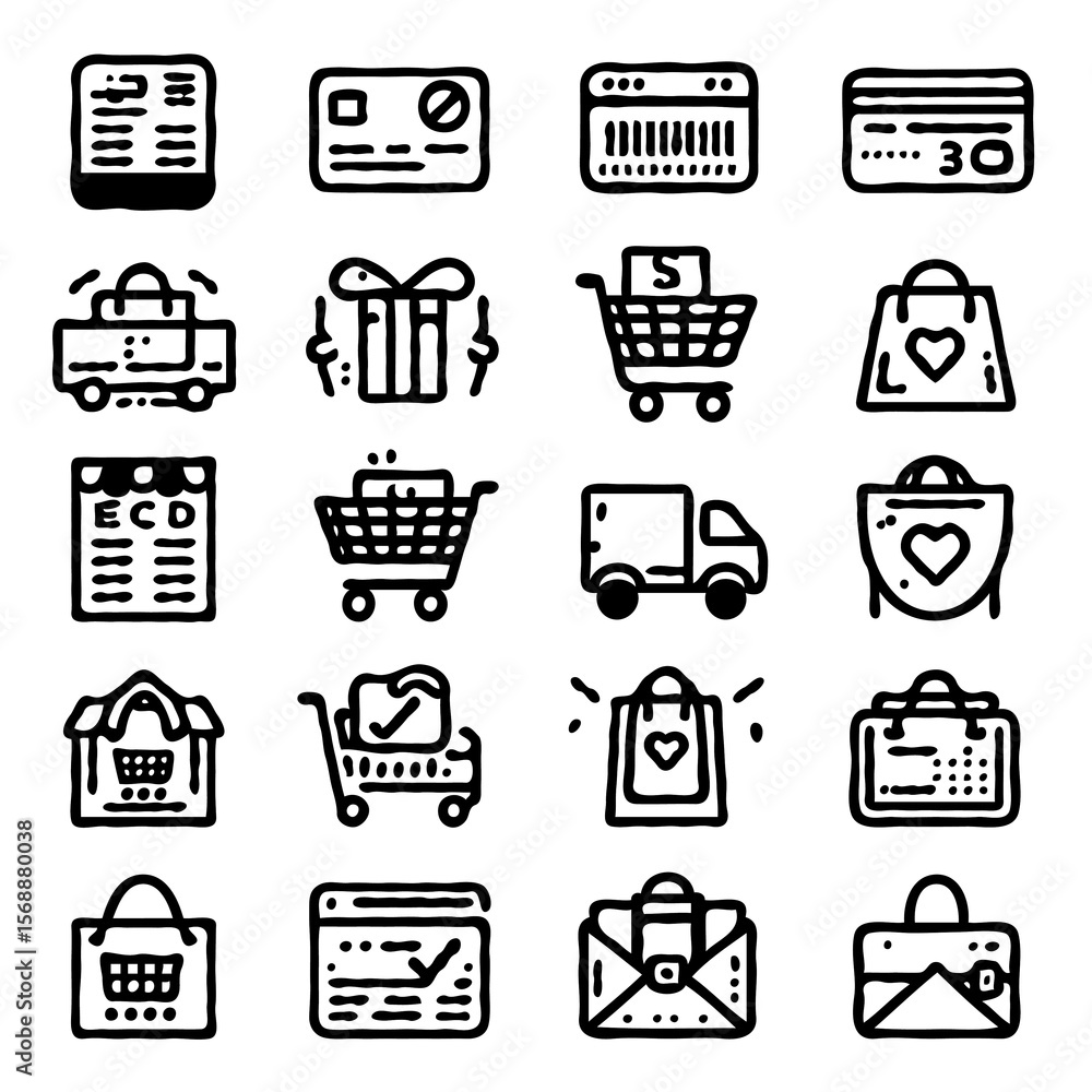 Aufkleber minimalist e-commerce and shopping line icons, drawn in clean thin black outlines with consistent st