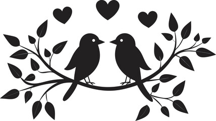 Romantic Love Birds Silhouette on Branch with Hearts Vector Illustration