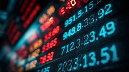 Stock market data tickers with financial figures in red and blue - Powered by Adobe