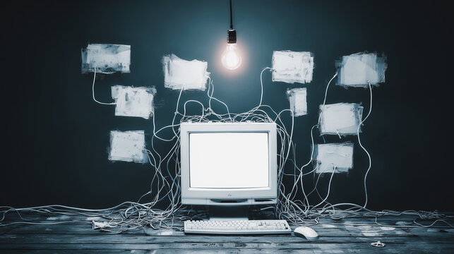 The Birth of Digital Era: A vintage computer stands at the heart of an illuminating idea. Cables intertwine to connect a network of blank panels, all under the glow of a single lightbulb. - Powered by Adobe
