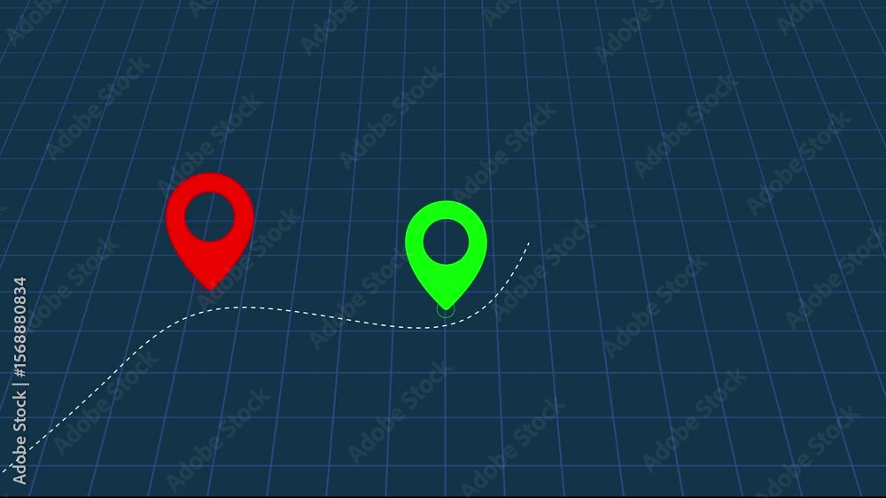 Poster animated path and location pin on a dark blue grid for travel route concept