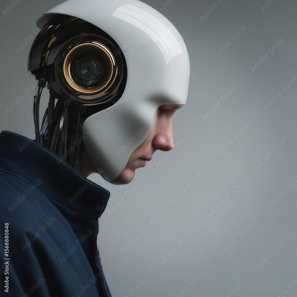 Poster futuristic android portrait: a thought-provoking depiction of a humanoid android, its face a serene 