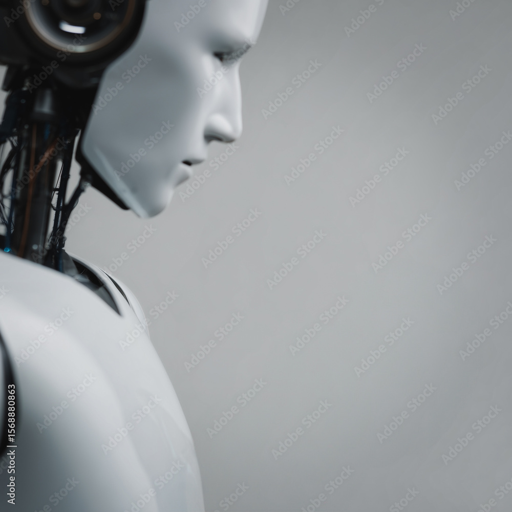 Poster robot in thought: a humanoid robot with a sleek, white design gazes thoughtfully into the distance, 