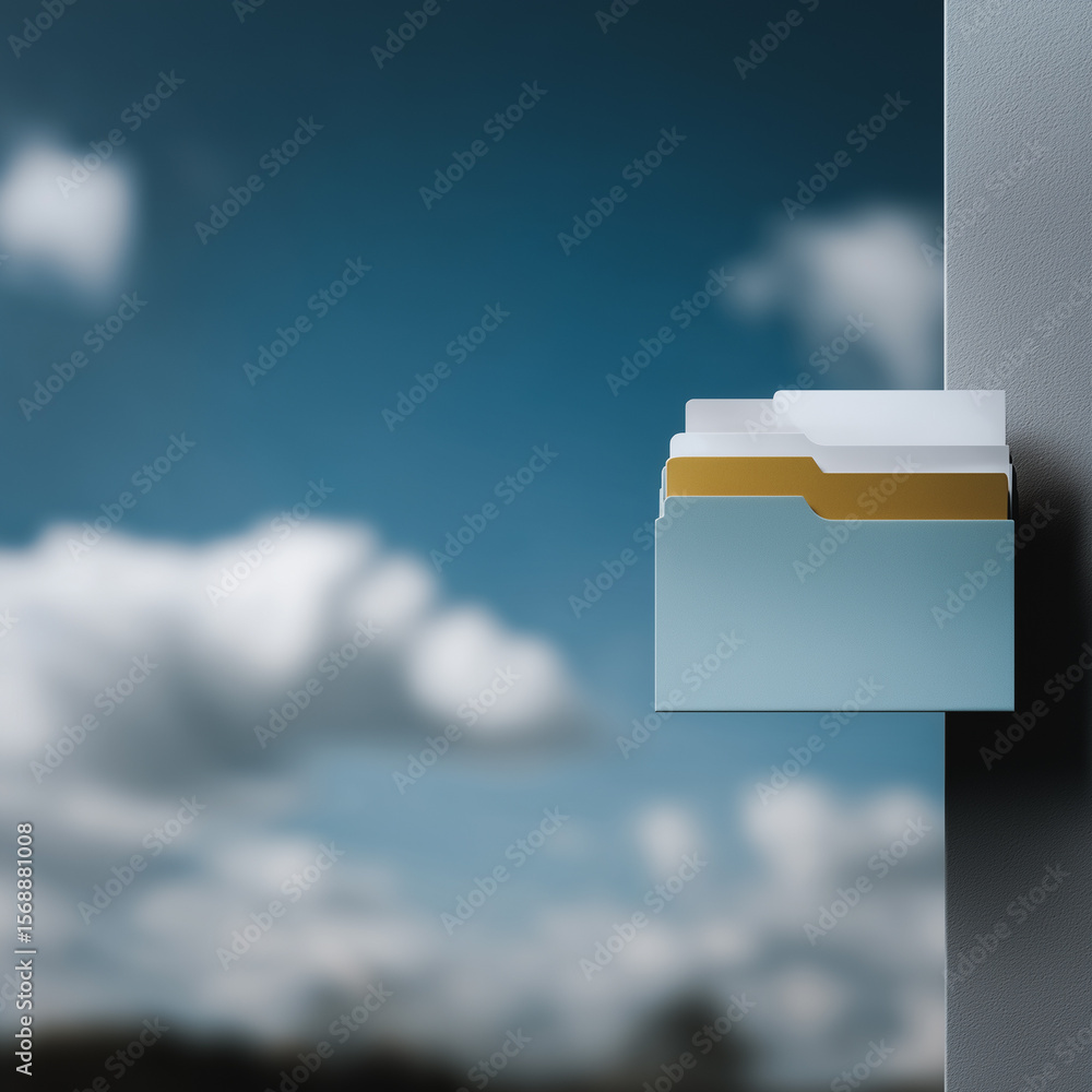Poster data storage in the sky: a sleek file cabinet icon floating against a backdrop of a cloudy sky, symb