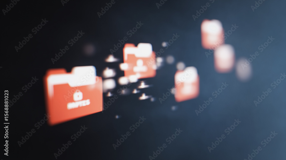 Poster digital file flow: abstract image of floating, interconnected folders in vibrant red, conveying seam