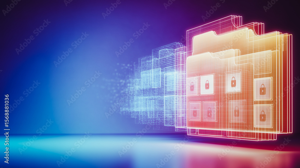 Poster data security: envision the digital realm of data, a captivating blend of geometric elegance and vib