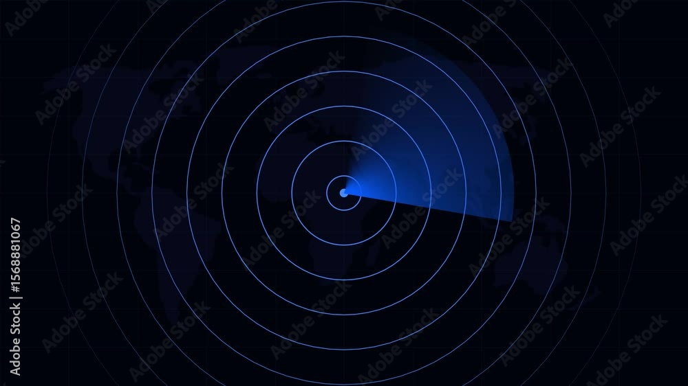 Poster animated radar screen scanning across world map with digital technology visualization