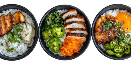 Delicious and colorful rice bowls featuring chicken and pork for healthy eating