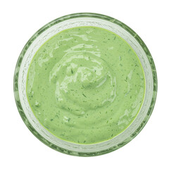 A vibrant green sauce in a clear glass bowl, set against a plain background, ideal for culinary use