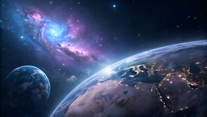 Earth and moon glow in the vast expanse of the universe with a colorful nebula