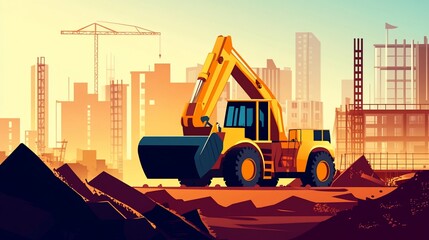 Construction Site Illustration Featuring Heavy Equipment and City Skyline with warm tones