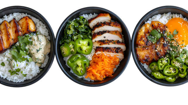 Delicious and colorful rice bowls featuring chicken and pork for healthy eating