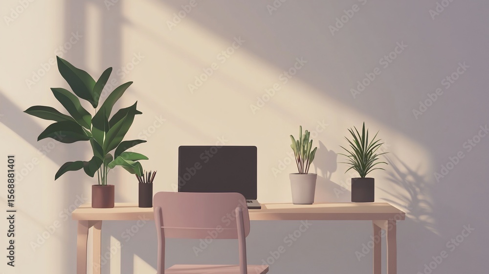Poster work from home setup with minimalist design featuring plants and laptop on a table