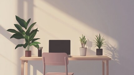 Work From Home Setup with Minimalist Design Featuring Plants and Laptop on a Table