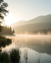 Fototapeta premium lake shrouded in mist during an early morning sunrise, with tall grasses emerging from the water's edge, adding a rugged touch to the tranquil scene. The warm, diffused light from the sun, 