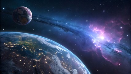 Obraz premium Vast cosmic vista with earth and a distant planet bathed in nebula light