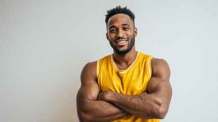 A confident male basketball player smiling with arms crossed, wearing a yellow jersey, showing strength, focus, and energy, ready for action on the court.