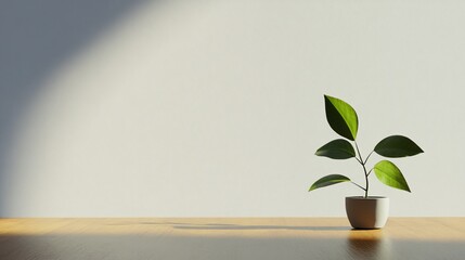 Minimalist plant in a pot on wooden table with soft sunlight against plain wall background